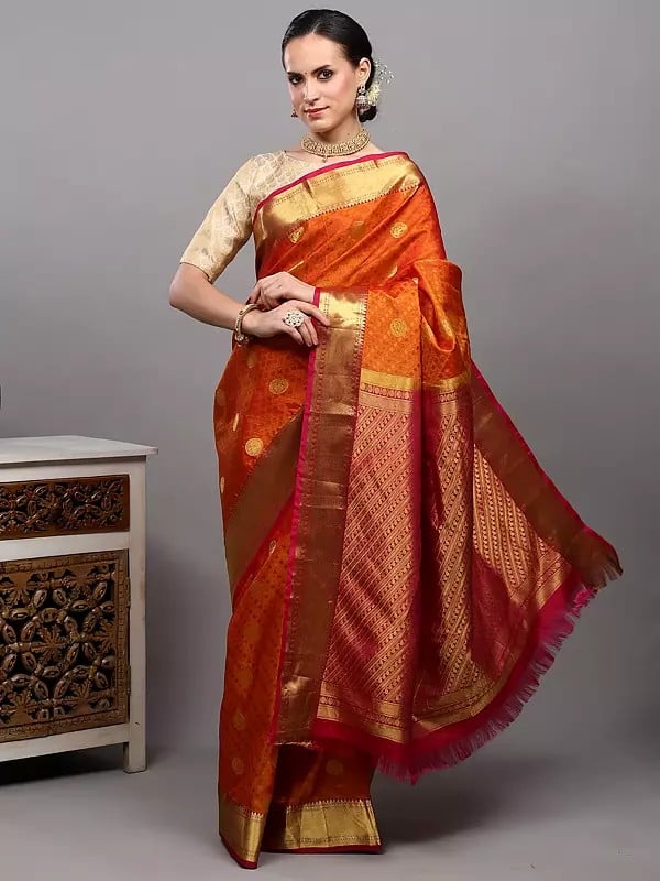 Exotic India Golden-Ochre Pure Silk Handloom Saree From Bangalore With All-over Leaf Weave And Golden Border 
