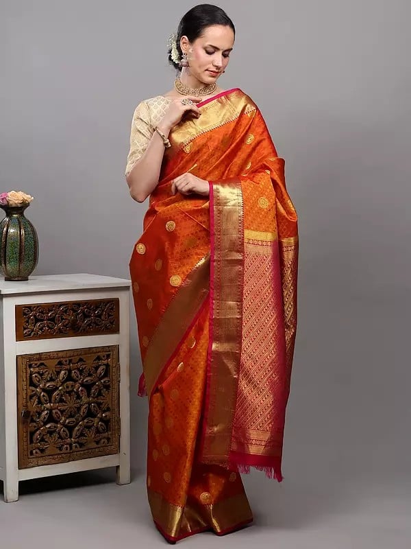 Exotic India Golden-Ochre Pure Silk Handloom Saree From Bangalore With All-over Leaf Weave And Golden Border 