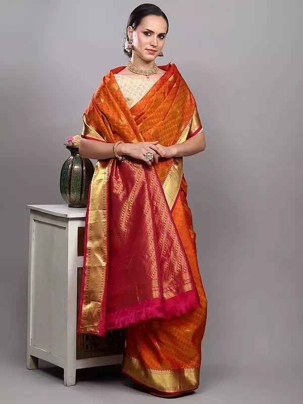 exotic india Golden-Ochre Pure Silk Handloom Saree from Bangalore with All-over Leaf Weave and Golden Border 