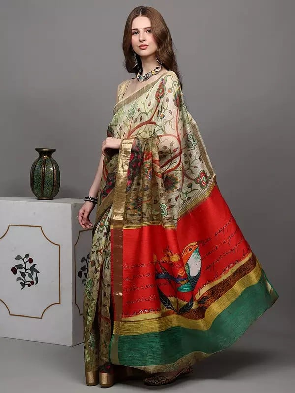Exotic India Golden-Olive Saree With Digital-Printed Sparrow On Anchal And Zari Border 