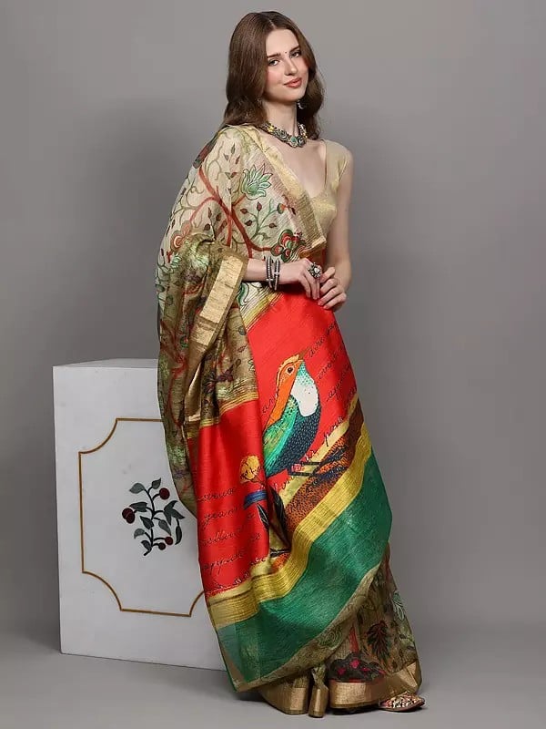 Exotic India Golden-Olive Saree With Digital-Printed Sparrow On Anchal And Zari Border 