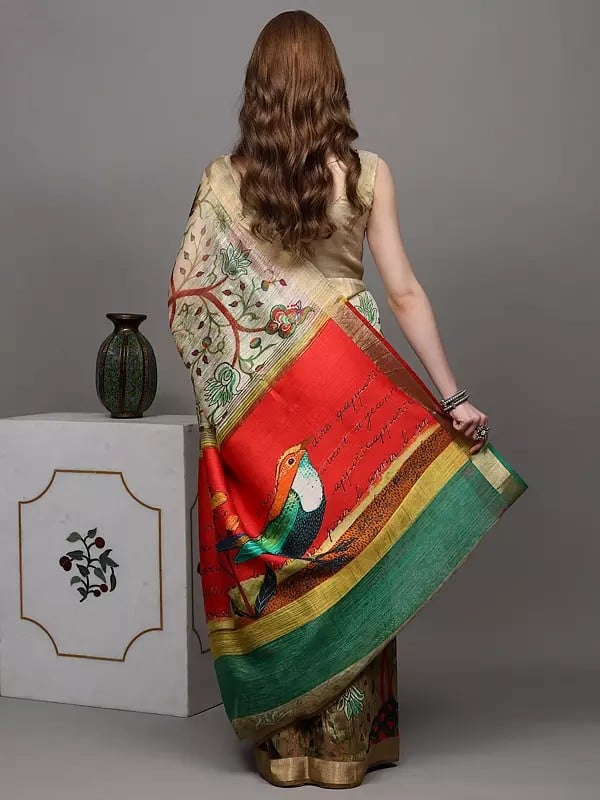 Exotic India Golden-Olive Saree With Digital-Printed Sparrow On Anchal And Zari Border 