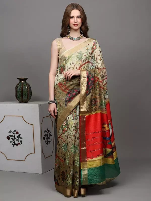 exotic india Golden-Olive Saree with Digital-Printed Sparrow on Anchal and Zari Border 