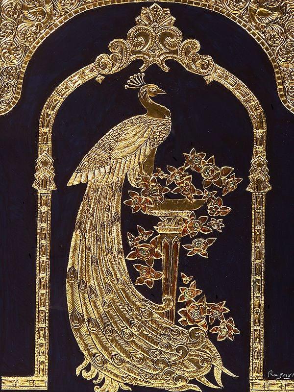 Exotic India Golden Peacock With Long Tail | Framed Tanjore Painting 