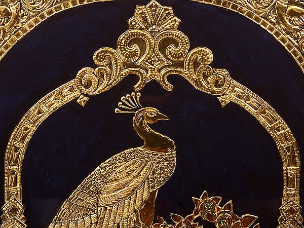 Exotic India Golden Peacock With Long Tail | Framed Tanjore Painting 