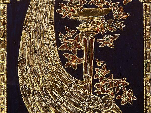 Exotic India Golden Peacock With Long Tail | Framed Tanjore Painting 