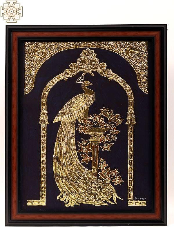 exotic india Golden Peacock with Long Tail | Framed Tanjore Painting