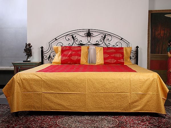 Exotic India Golden & Red Cotton Color Queen Size Patola Bedsheet With Gold Cypress Tree Pattern Printed And Two Pillow Cover 