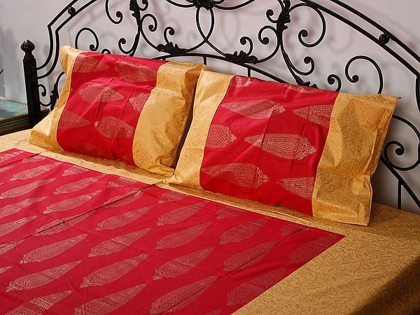 Exotic India Golden & Red Cotton Color Queen Size Patola Bedsheet With Gold Cypress Tree Pattern Printed And Two Pillow Cover 