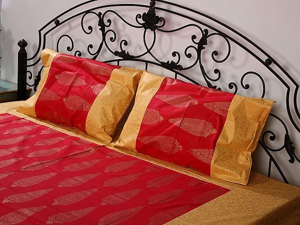 Exotic India Golden & Red Cotton Color Queen Size Patola Bedsheet With Gold Cypress Tree Pattern Printed And Two Pillow Cover 
