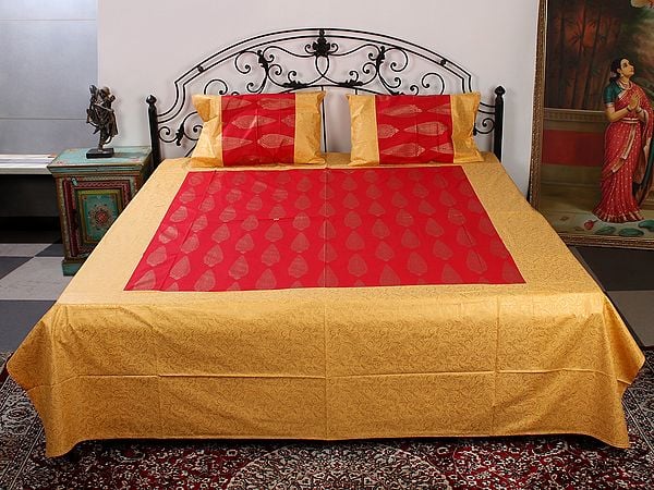 exotic india Golden & Red Cotton Color Queen Size Patola Bedsheet with Gold Cypress Tree Pattern Printed and Two Pillow Cover 