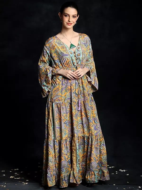 Exotic India Golden-Rod Long Gown With All-Over Floral Paisley Pattern In Multicolor Print