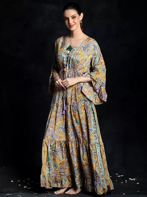 Exotic India Golden-Rod Long Gown With All-Over Floral Paisley Pattern In Multicolor Print