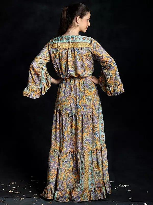 Exotic India Golden-Rod Long Gown With All-Over Floral Paisley Pattern In Multicolor Print