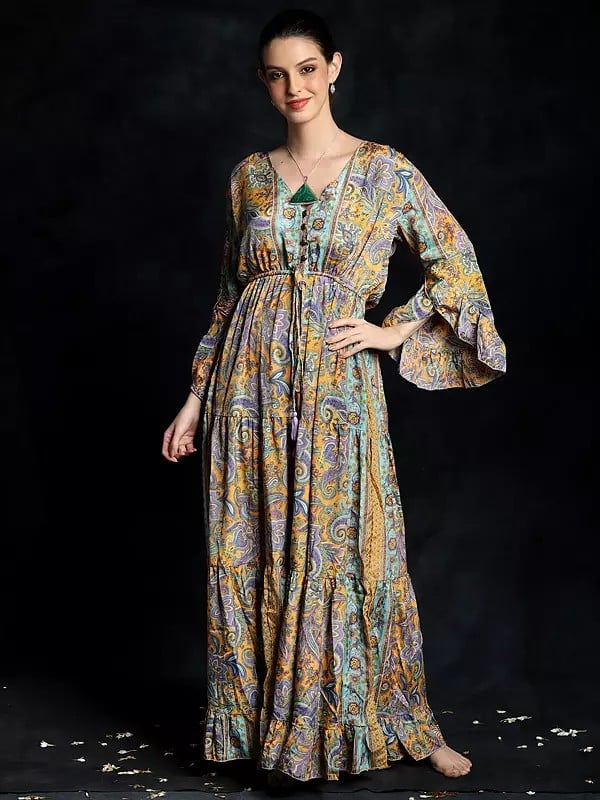 exotic india Golden-Rod Long Gown with All-Over Floral Paisley Pattern in Multicolor Print 