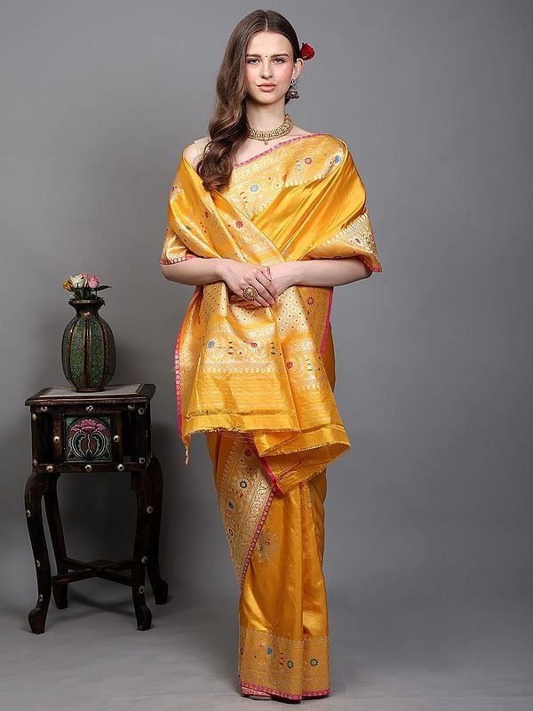 Exotic India Golden-Rod Pure Silk Banarasi Saree With Woven Meenakari Floral Motifs 