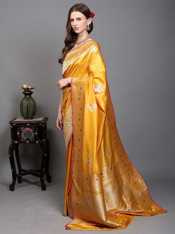 Exotic India Golden-Rod Pure Silk Banarasi Saree With Woven Meenakari Floral Motifs 