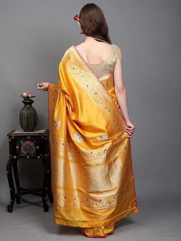 Exotic India Golden-Rod Pure Silk Banarasi Saree With Woven Meenakari Floral Motifs 