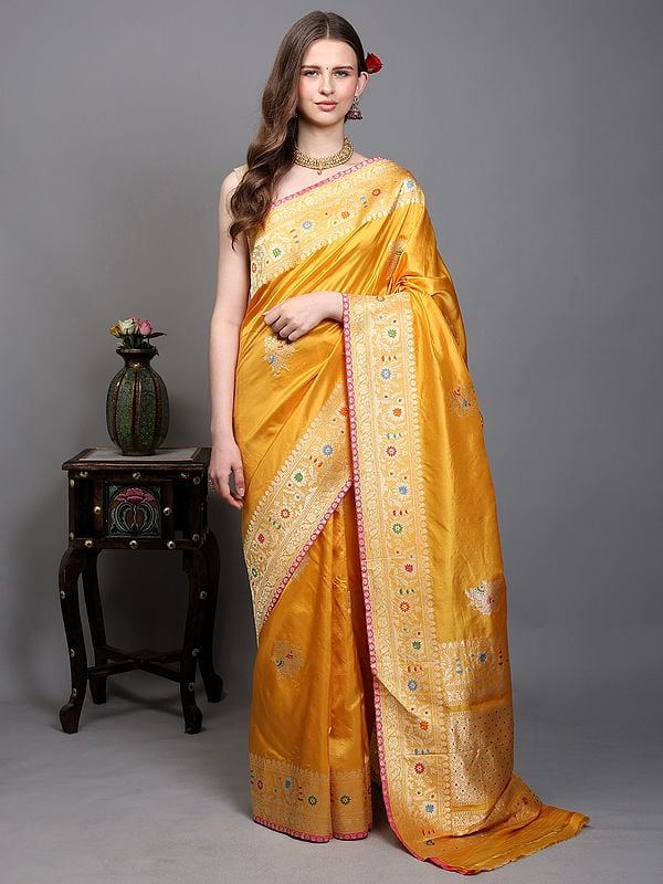 exotic india Golden-Rod Pure Silk Banarasi Saree with Woven Meenakari Floral Motifs 