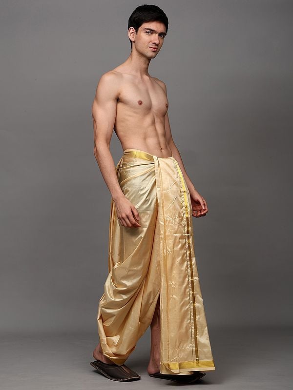 Exotic India Golden-Straw Pure Silk Handloom Traditional Dhoti With Zari Thread Woven Border 