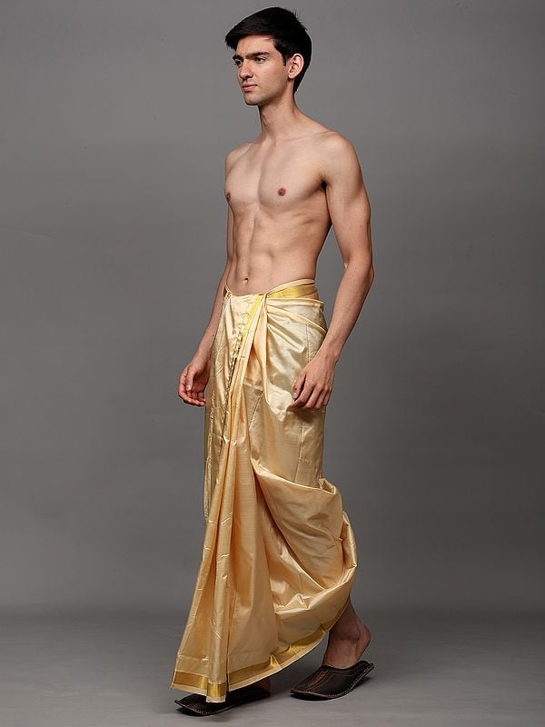 Exotic India Golden-Straw Pure Silk Handloom Traditional Dhoti With Zari Thread Woven Border 