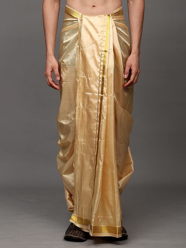 Exotic India Golden-Straw Pure Silk Handloom Traditional Dhoti With Zari Thread Woven Border 