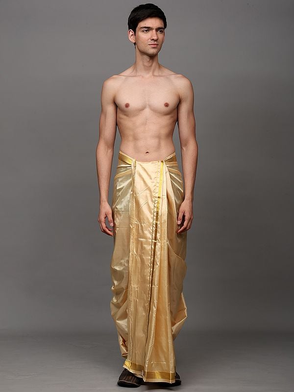 exotic india Golden-Straw Pure Silk Handloom Traditional Dhoti with Zari Thread woven Border 