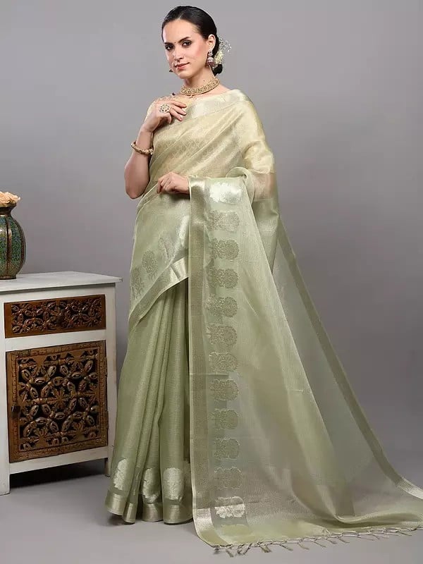 Exotic India Golden Thread Woven Saree From Banaras With Floral Border 