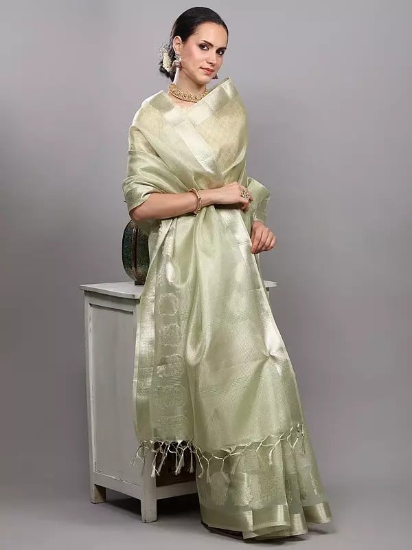 Exotic India Golden Thread Woven Saree From Banaras With Floral Border 