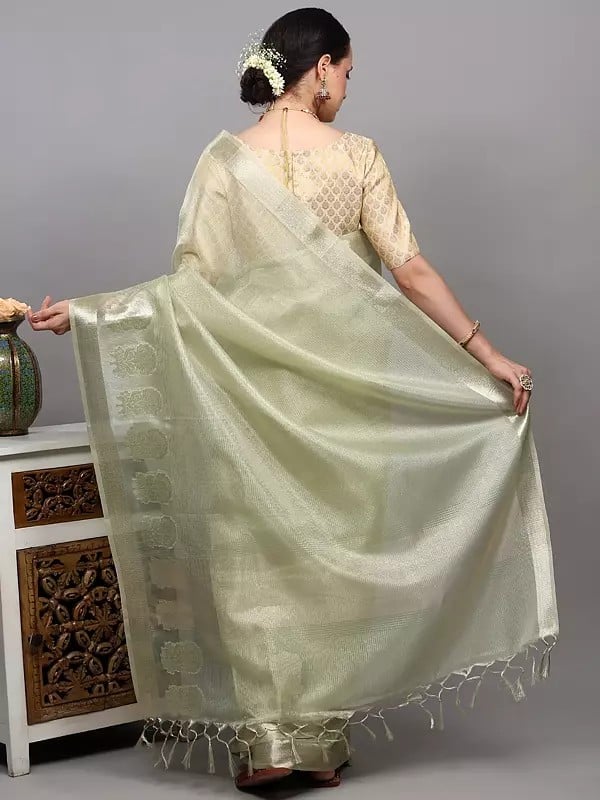 Exotic India Golden Thread Woven Saree From Banaras With Floral Border 