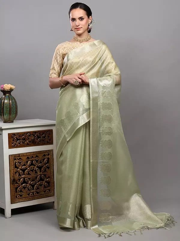 exotic india Golden Thread Woven Saree from Banaras with Floral Border 