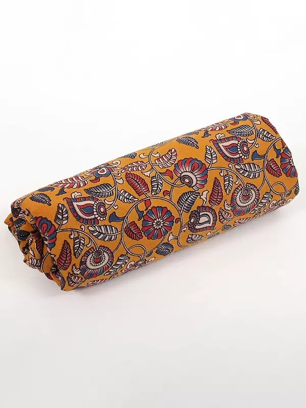 Exotic India Golden-Yellow Pure Cotton Fabric With Floral Vine Motif Blocked Kalamkari Printed 