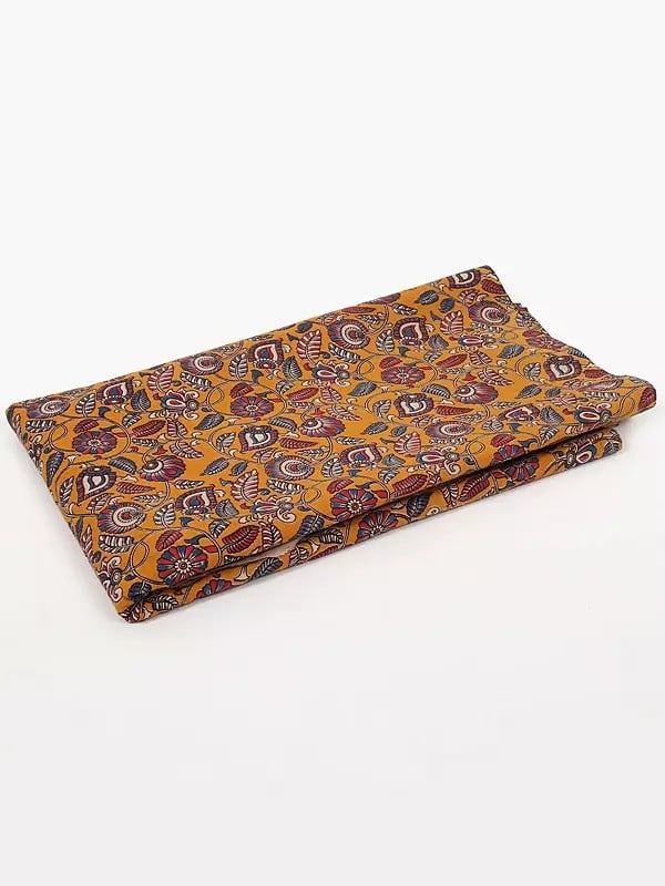 exotic india Golden-Yellow Pure Cotton Fabric with Floral Vine Motif Blocked Kalamkari Printed 