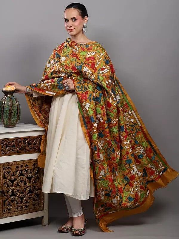 Exotic India Golden-Yellow Pure Silk Dupatta From Bengal With Kantha Embroidered Perched Birds On Floral Vines By Hand 