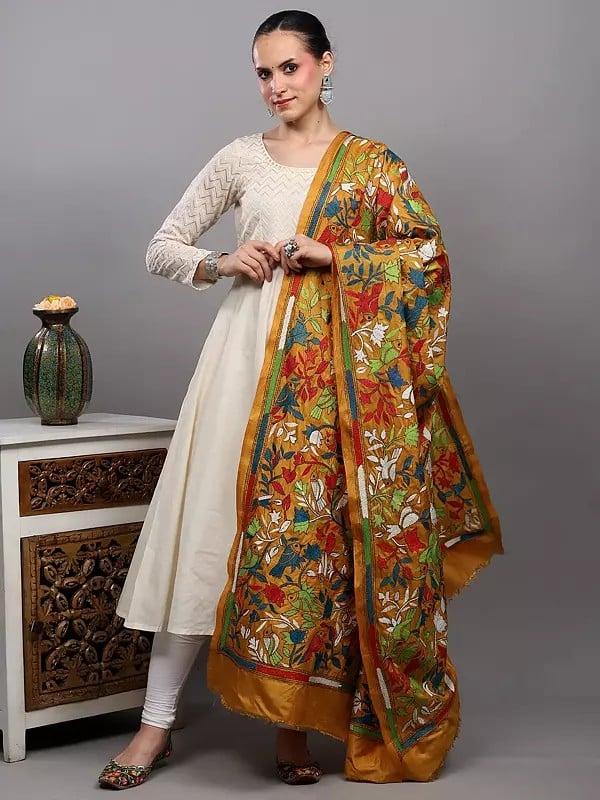 Exotic India Golden-Yellow Pure Silk Dupatta From Bengal With Kantha Embroidered Perched Birds On Floral Vines By Hand 