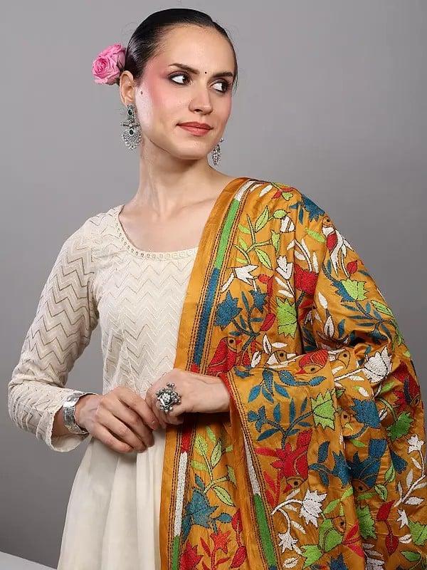 Exotic India Golden-Yellow Pure Silk Dupatta From Bengal With Kantha Embroidered Perched Birds On Floral Vines By Hand 