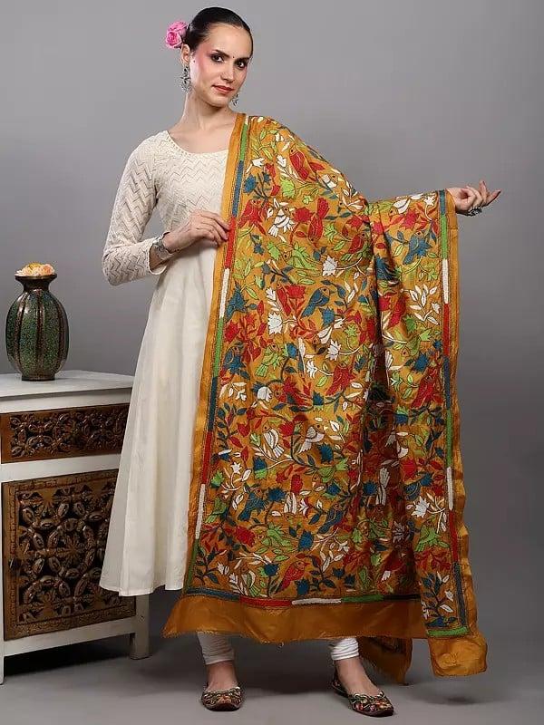 exotic india Golden-Yellow Pure Silk Dupatta from Bengal with Kantha Embroidered Perched Birds on Floral Vines by Hand 