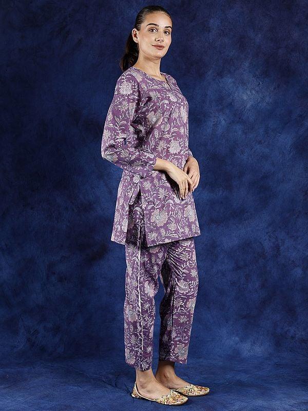 Exotic India Grape-Jam Block Printed Pure Cotton Co-Ord Set With Side Pockets 