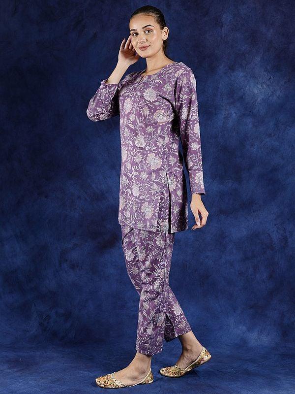 Exotic India Grape-Jam Block Printed Pure Cotton Co-Ord Set With Side Pockets 