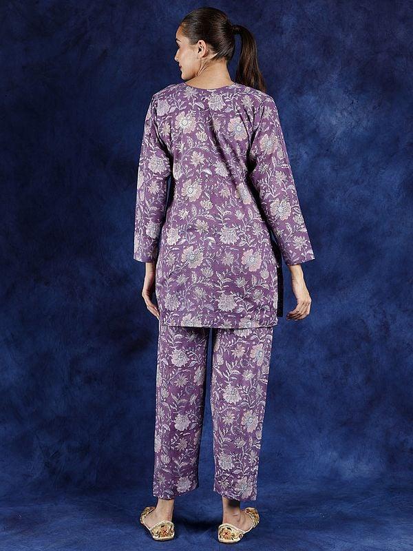 Exotic India Grape-Jam Block Printed Pure Cotton Co-Ord Set With Side Pockets 