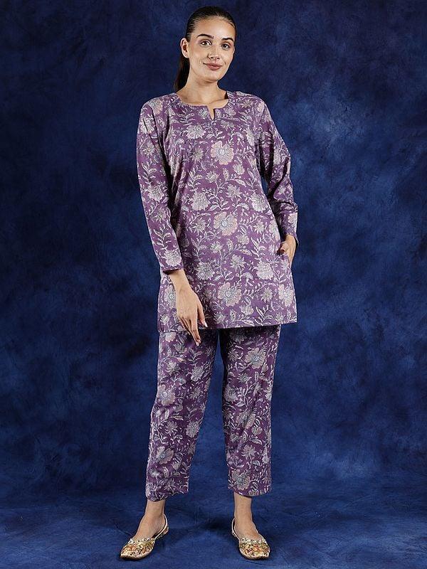 exotic india Grape-Jam Block Printed Pure Cotton Co-Ord Set with Side Pockets 