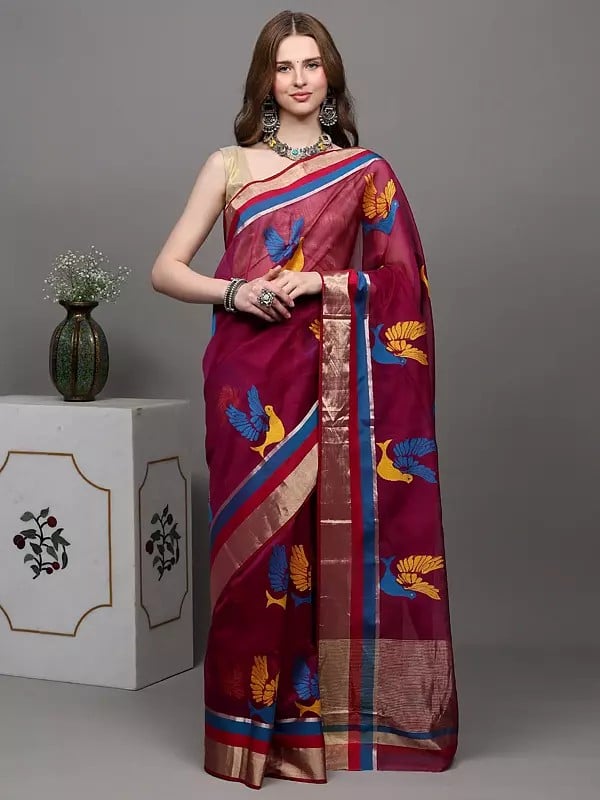 Exotic India Grape-Wine Designer Chanderi Saree With Hand-woven Birds 