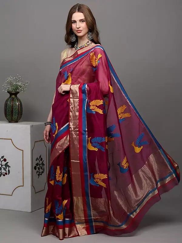 Exotic India Grape-Wine Designer Chanderi Saree With Hand-woven Birds 
