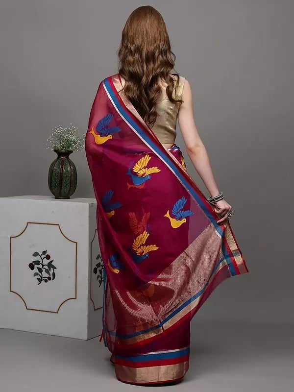Exotic India Grape-Wine Designer Chanderi Saree With Hand-woven Birds 