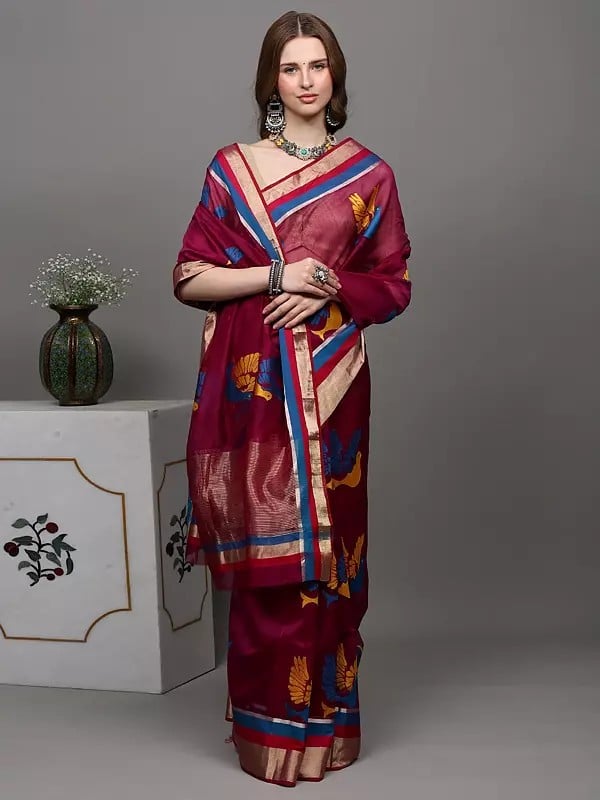 exotic india Grape-Wine Designer Chanderi Saree with Hand-woven Birds 