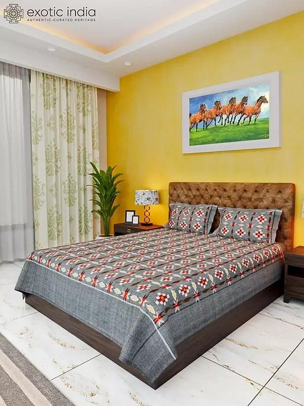 Exotic India Gray-Quill Pure Cotton Ikat Woven Queen Size Bedspread From Pochampally With Pillow Cases 
