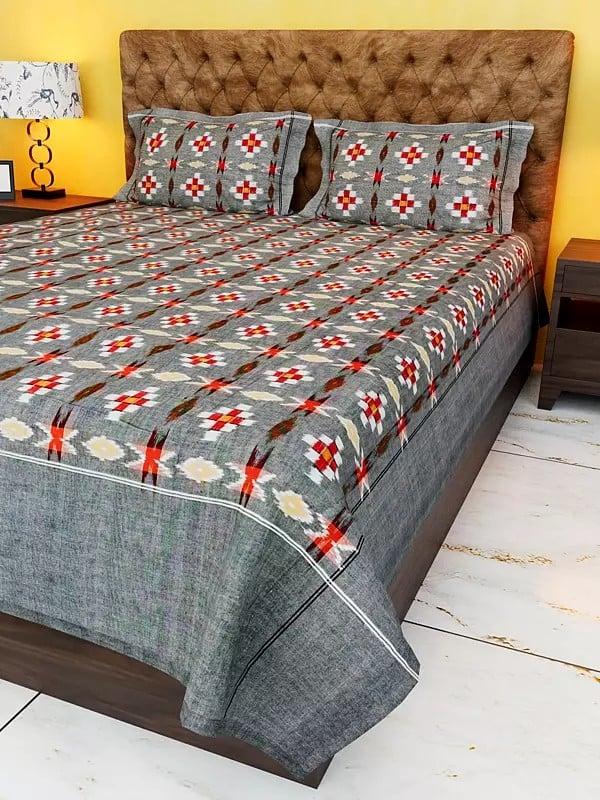 Exotic India Gray-Quill Pure Cotton Ikat Woven Queen Size Bedspread From Pochampally With Pillow Cases 
