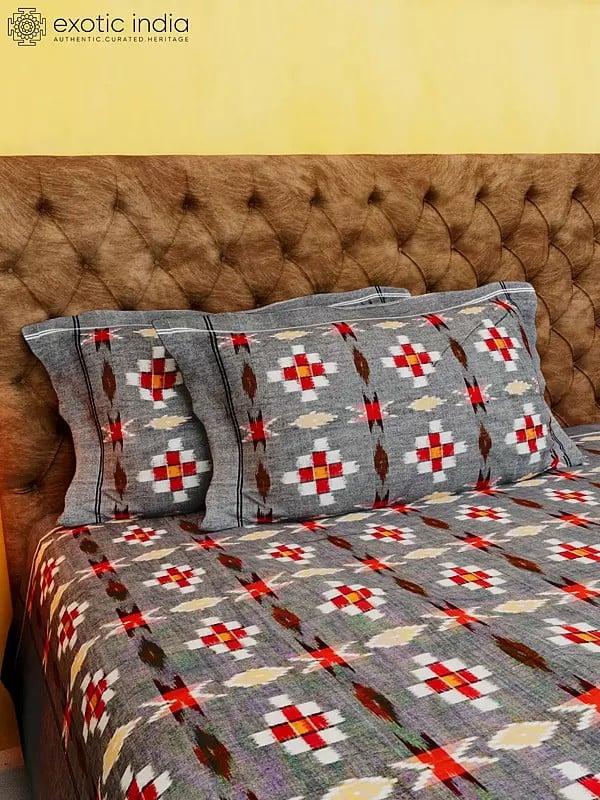Exotic India Gray-Quill Pure Cotton Ikat Woven Queen Size Bedspread From Pochampally With Pillow Cases 