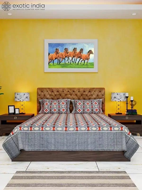 exotic india Gray-Quill Pure Cotton Ikat Woven Queen Size Bedspread from Pochampally with Pillow Cases 