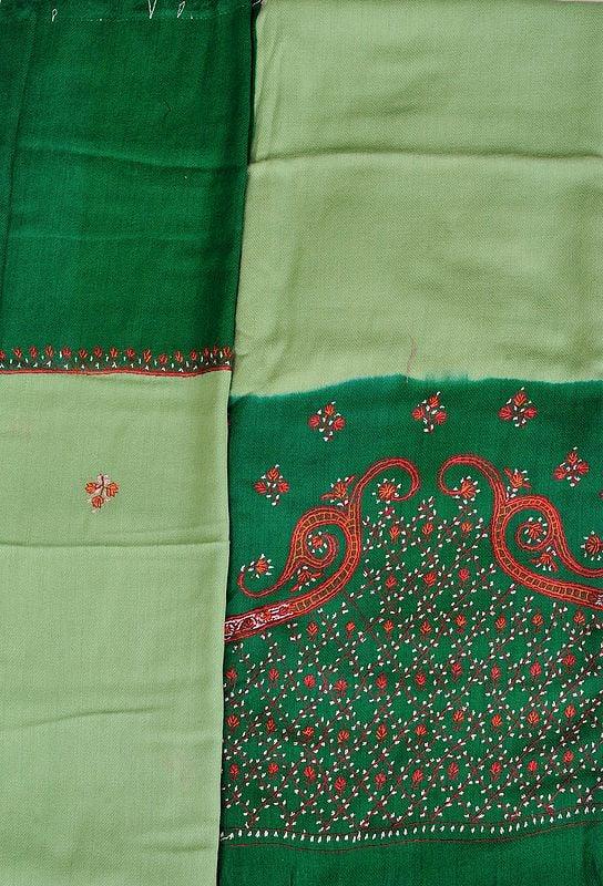 exotic india Green and Meadow Double-Shaded Tusha Salwar Kameez Fabric from Kashmir with Sozni Hand-Embroidery and Paisleys 